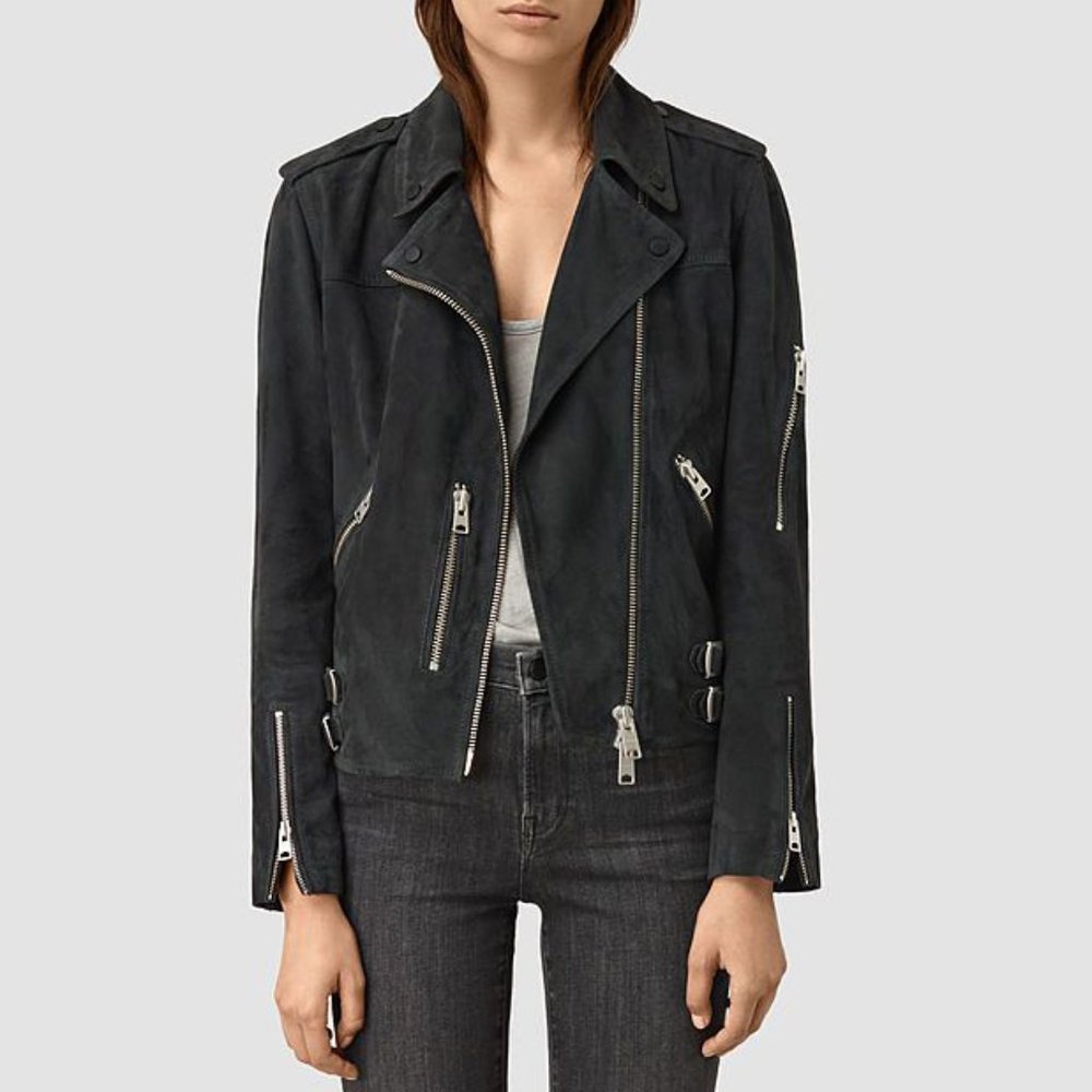 Allsaints Edwards Biker Goat Suede Leather Motorcycle Zipper Buckle Jacket, US 2